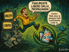 Vignetta satirica che mostra un uomo fuggire dalla propaganda dei media tradizionali per cadere nella trappola dei social media e degli algoritmi.