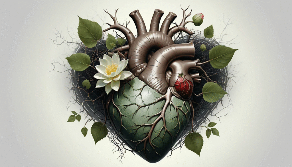 Cuore avvolto da rovi che si trasformano in fiori grazie a una luce interiore, metafora della trasmutazione del dolore.