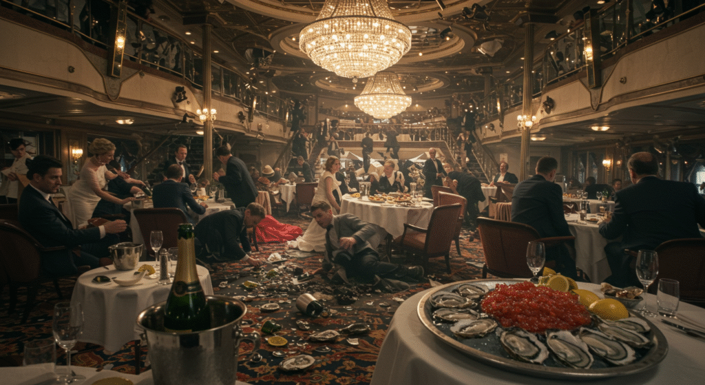 Scena caotica nella sala da pranzo di uno yacht di lusso durante una tempesta, simbolo del crollo del capitalismo in Triangle of Sadness.