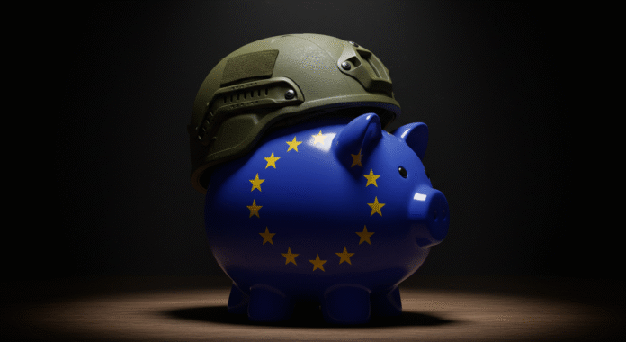 Salvadanaio con bandiera UE e un elmetto militare sopra, a simboleggiare il finanziamento europeo per la guerra in outsourcing.