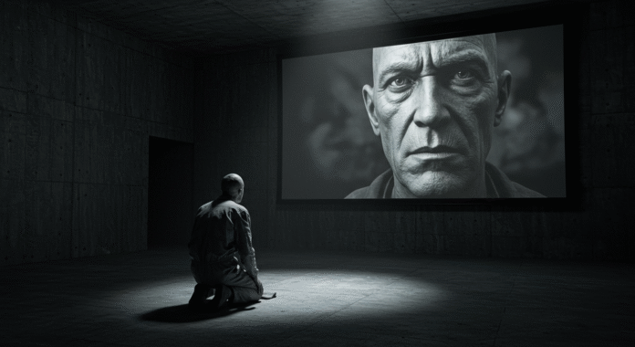 Uomo con tuta grigia fissa con angoscia un grande schermo con il volto del leader in un ambiente totalitario in bianco e nero.