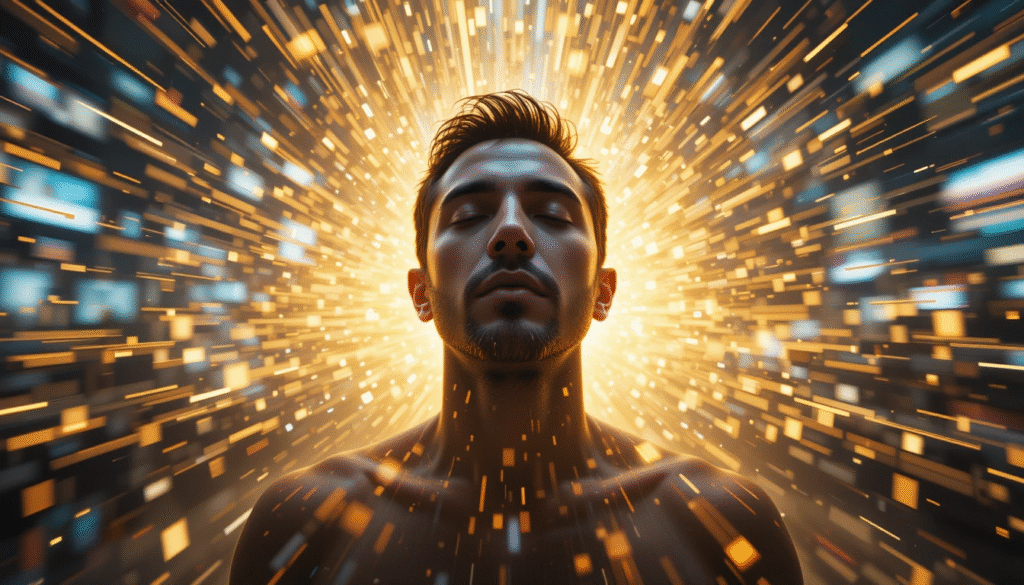 Uomo in stato di meditazione profonda, circondato da un vortice di luci digitali che rappresentano il caos della vita moderna.