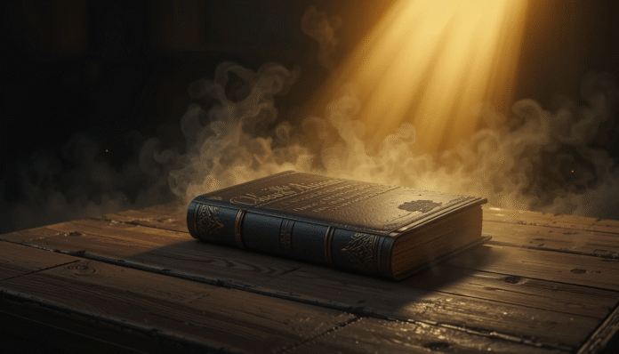 Un libro che simboleggia la Costituzione dell'Iran illuminato da un fascio di luce che scaccia le ombre della disinformazione.