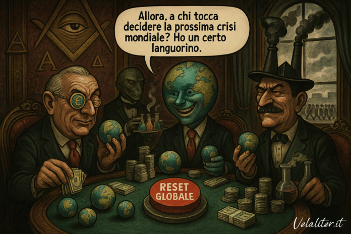 Vignetta satirica sul Gruppo Bilderberg che mostra potenti della finanza e della politica decidere il destino del mondo giocando a poker.