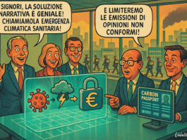 Vignetta satirica che illustra burocrati intenti a pianificare il controllo globale attraverso la fusione di emergenza climatica e sanitaria, simbolo della perdita di libertà.