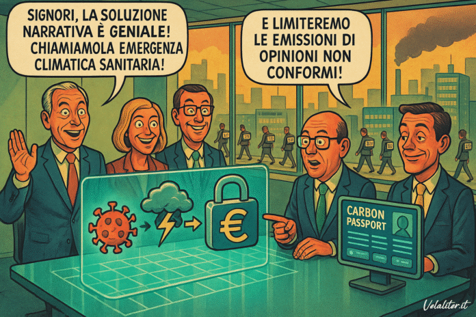 Vignetta satirica che illustra burocrati intenti a pianificare il controllo globale attraverso la fusione di emergenza climatica e sanitaria, simbolo della perdita di libertà.