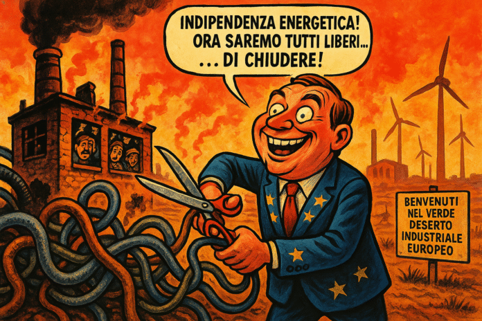 Vignetta satirica sulla deindustrializzazione europea causata dalle politiche energetiche, con un burocrate che taglia i rifornimenti a una fabbrica.
