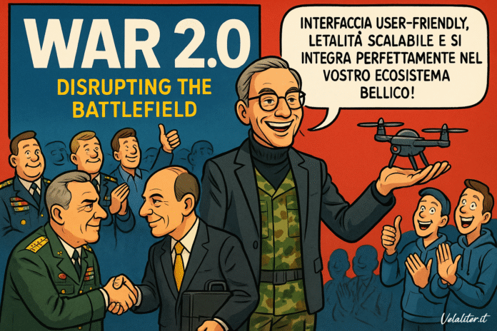 Vignetta satirica su un dirigente della Silicon Valley in uniforme militare che presenta un drone da guerra su un palco, a simboleggiare l'unione tra tech e difesa nel Distaccamento 201.