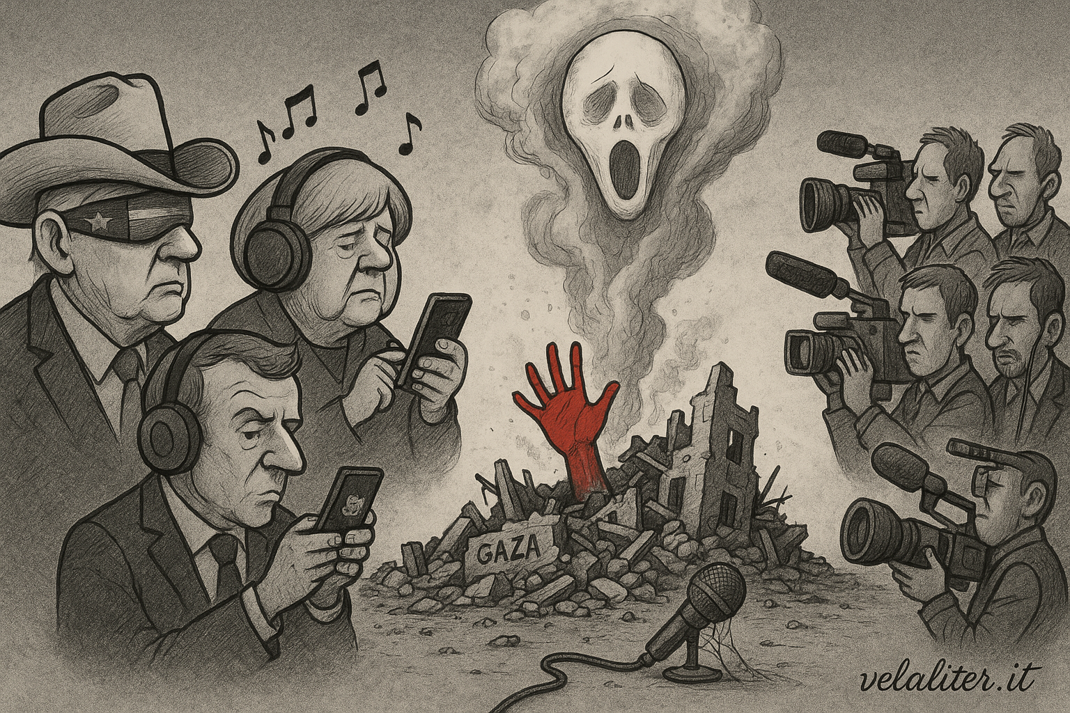 Il Silenzio che Uccide: la Complicità dell'Occidente a Gaza. Vignetta satirica sul silenzio della comunità internazionale e dei media sulla crisi a Gaza, con leader mondiali che ignorano le macerie.