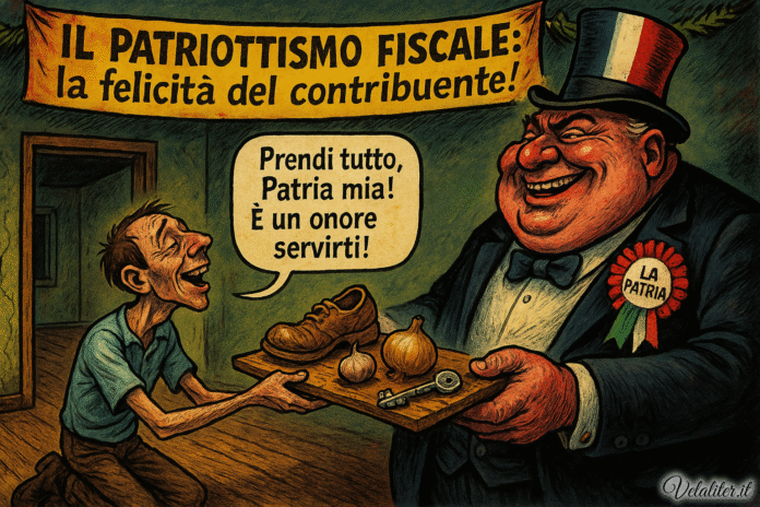 Vignetta satirica sul patriottismo fiscale: un cittadino felice dona tutti i suoi averi a un avido funzionario del fisco che li raccoglie avidamente.