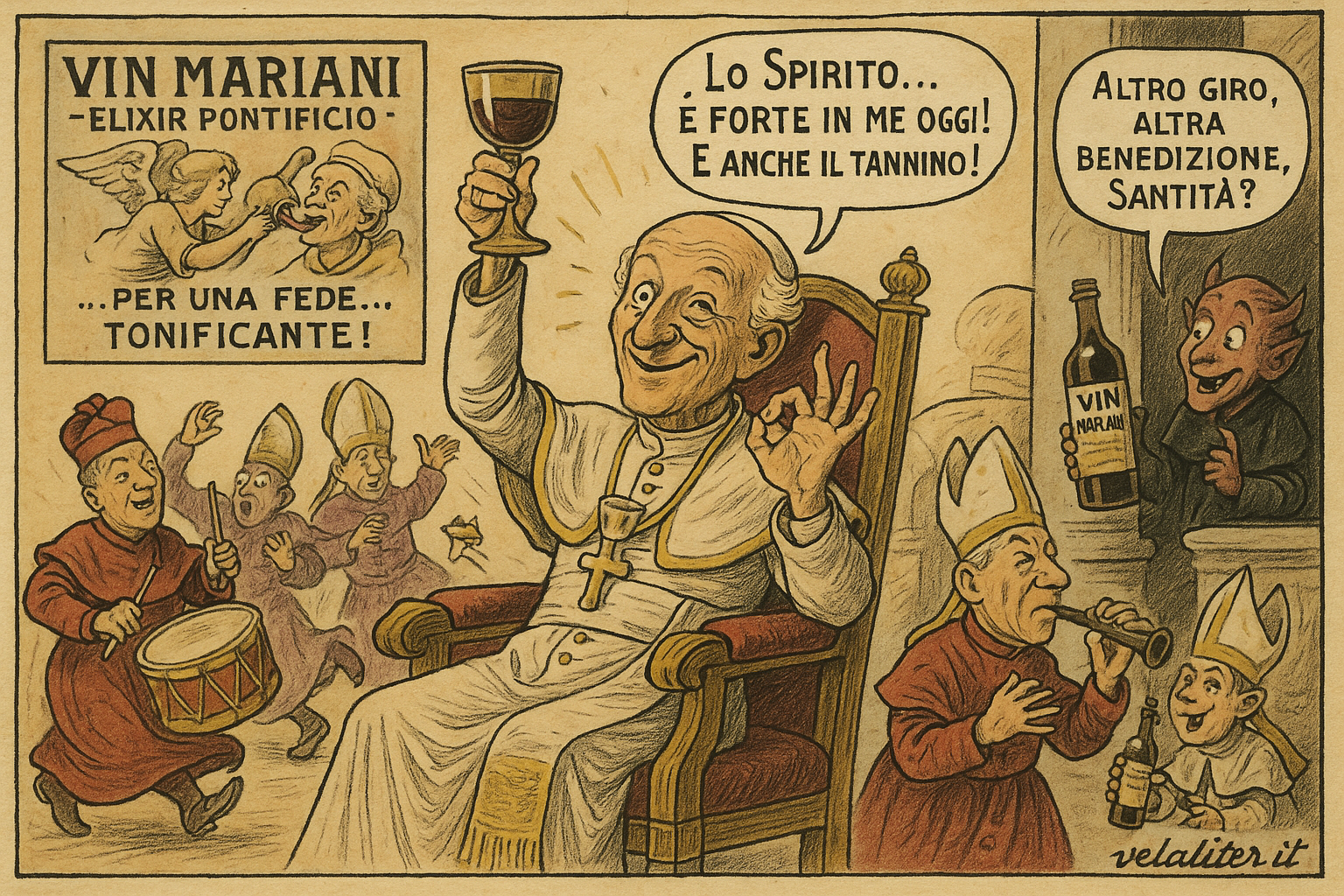 Il Papa e il Vin Mariani: Satira di una Benedizione... Stupefacente! Vignetta satirica raffigurante Papa Leone XIII euforico mentre degusta Vin Mariani, circondato da prelati festanti, a ironizzare sullo storico endorsement papale del vino a base di coca.