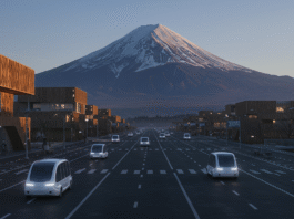 eduta di Woven City, la città futuristica di Toyota, ai piedi del Monte Fuji, che simboleggia la distopia del controllo tecnologico.