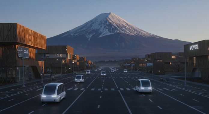 eduta di Woven City, la città futuristica di Toyota, ai piedi del Monte Fuji, che simboleggia la distopia del controllo tecnologico.
