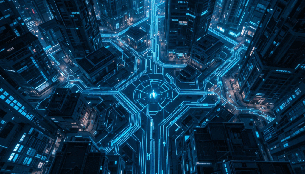 Rappresentazione di Woven City come un sistema operativo vivente, con flussi di dati che monitorano gli abitanti, illustrando la distopia digitale.