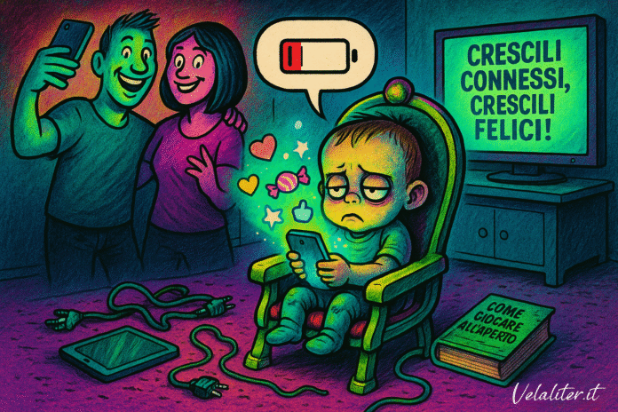 Vignetta satirica di un bambino su un seggiolone-trono con in mano uno smartphone, che illustra i pericoli dell'infanzia digitale.