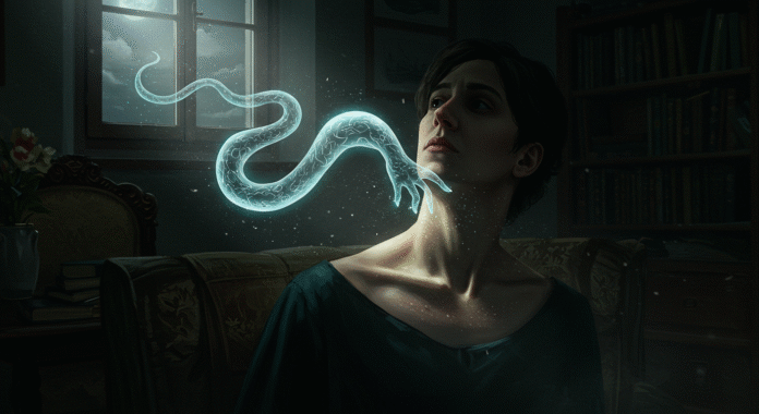 Illustrazione surreale di un nastro di energia blu, la corrente d'aria, che tocca il collo di una persona in una stanza buia, simbolo del complotto.