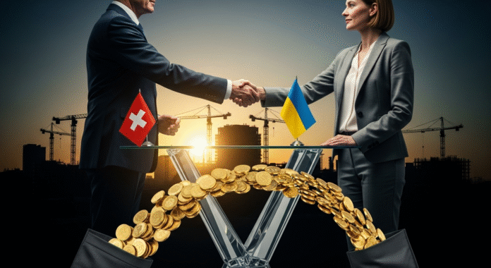 Immagine simbolica dell'accordo tra Svizzera e Ucraina per la ricostruzione dell'Ucraina, che mostra una stretta di mano e un flusso di denaro che torna all'investitore.
