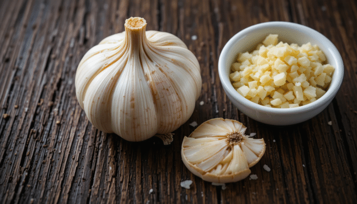 Spicchio d'aglio intero e aglio tritato su un tavolo di legno, a simboleggiare l'aglio come rimedio per il colesterolo alto.