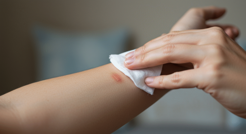Applicazione di un disinfettante naturale su una piccola escoriazione utilizzando un batuffolo di cotone.
