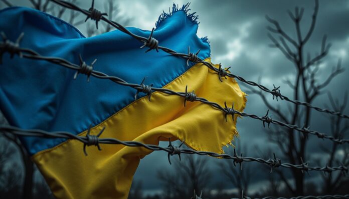 Immagine simbolica della bandiera ucraina che si trasforma in filo spinato, a rappresentare il concetto di Ucraina come Israele d'Europa e la sua iper-militarizzazione.