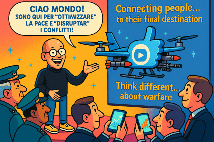 Vignetta satirica che mostra un CEO della Big Tech mentre presenta un drone da guerra con il logo di un social network a un pubblico di militari e politici.