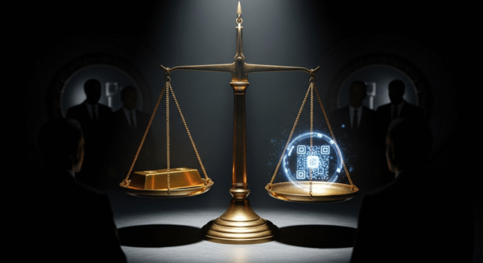 Una bilancia in ottone con un lingotto d'oro fisico da un lato e un token digitale olografico dall'altro, a simboleggiare il conflitto tra asset reali e controllo digitale.