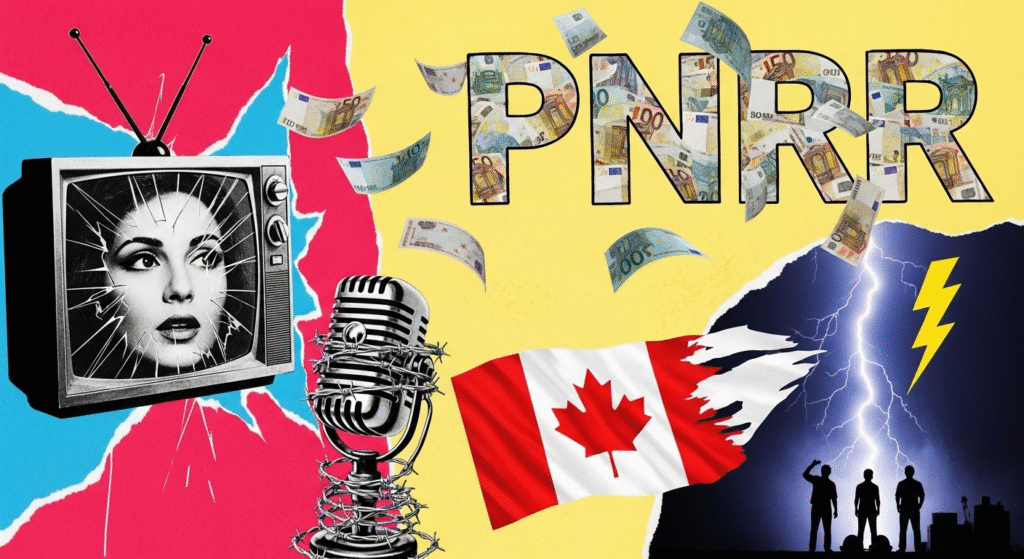 Collage pop-art delle notizie: il ritorno di Barbara d'Urso, i fondi PNRR, la lotta al telemarketing e la musica degli Sparks.