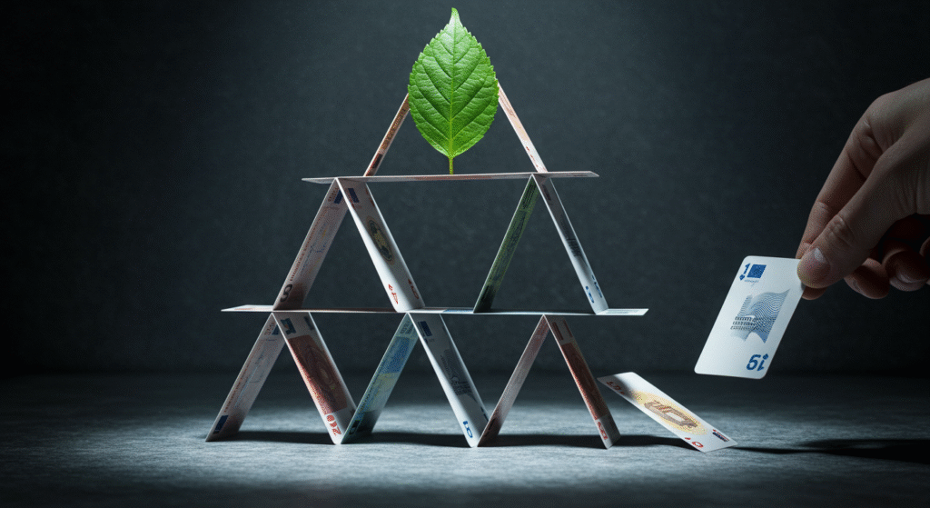 Un castello di carte fatto di euro e documenti UE, con una foglia verde in cima, che sta per crollare a causa di interessi economici.