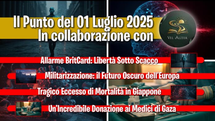 Miniatura del podcast che mostra un occhio digitale a simboleggiare il controllo sociale, con immagini stilizzate della BritCard, di un soldato europeo e di una molecola di DNA.