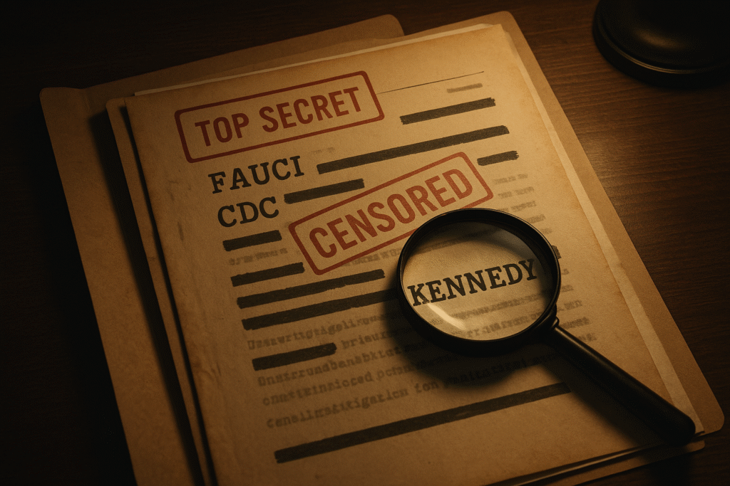 un dossier segreto contenente informazioni censurate su sanità e politica, con il nome kennedy in evidenza.
