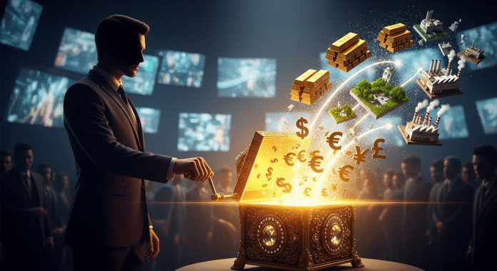 Immagine simbolica dell'Effetto Carillon con una figura di potere che trasforma moneta da un carillon in asset reali come oro e industrie.