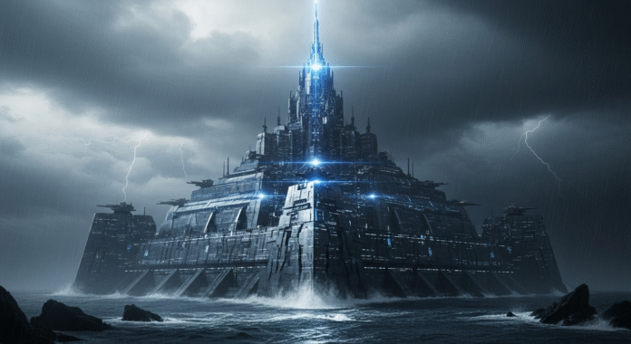 Immagine simbolica del Mondo Fortezza, una struttura metallica imponente e invalicabile circondata da un mare in tempesta, a rappresentare il controllo in un mondo in crisi.