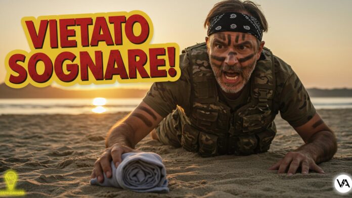 Uomo in tenuta mimetica sulla spiaggia all'alba per piazzare l'asciugamano, immagine satirica sui furbetti del telo mare e la nuova ordinanza.