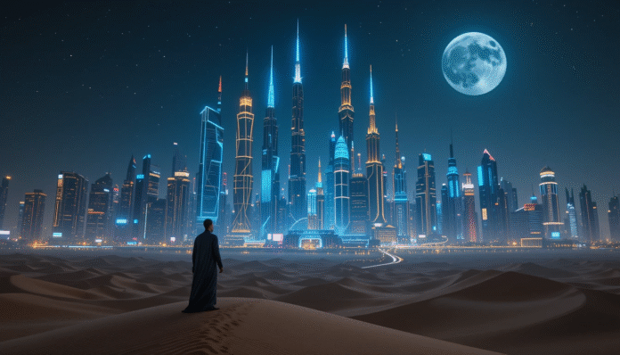 Skyline futuristico di una città araba di notte, simbolo del nuovo polo tecnologico e finanziario nel deserto.