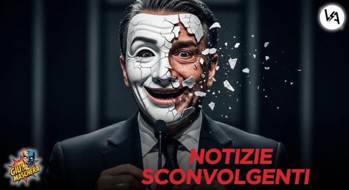 Un politico con una maschera da commedia che cade, rivelando un'espressione di panico. Titolo: 