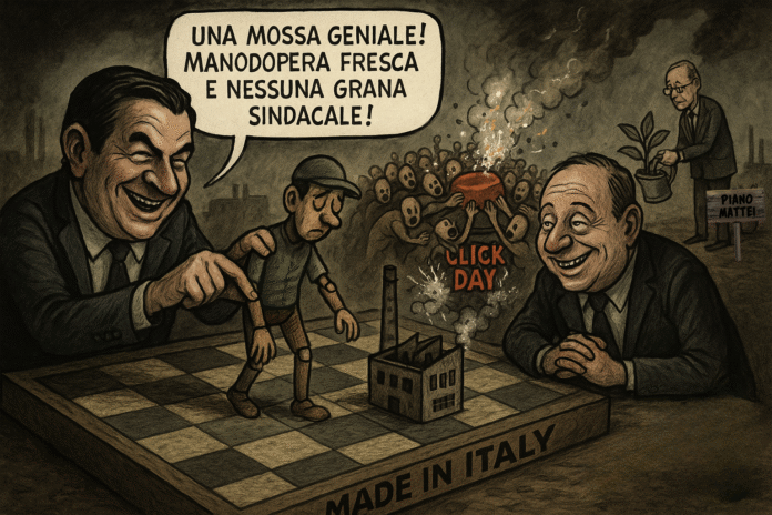 Vignetta satirica sul Decreto Flussi, con politici che usano lavoratori immigrati come burattini su una scacchiera per rappresentare lo sfruttamento lavorativo.