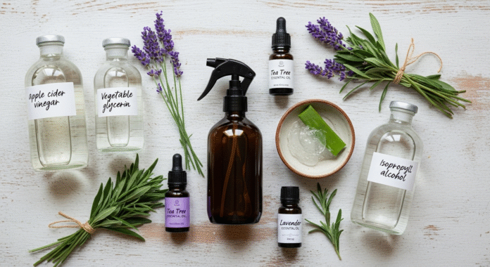 Ingredienti per la preparazione di un disinfettante naturale casalingo disposti su un tavolo di legno.