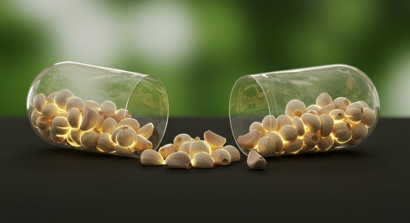 Capsula di un integratore aperta da cui escono piccoli spicchi d'aglio, a rappresentare gli integratori di aglio come rimedio per il colesterolo alto.
