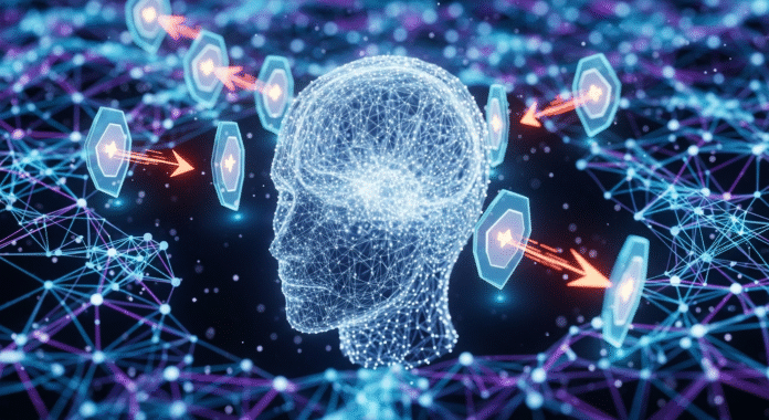 Mente umana stilizzata in rete neurale, scudi digitali contro disinformazione.