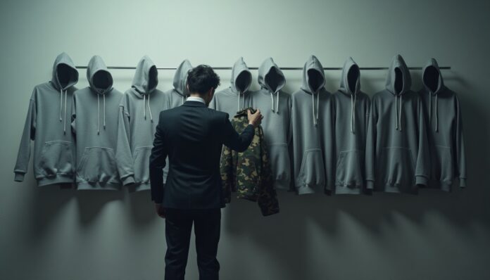 Simbolo della coscrizione obbligatoria per i giovani: una felpa grigia viene sostituita con una giacca militare da una figura autoritaria.