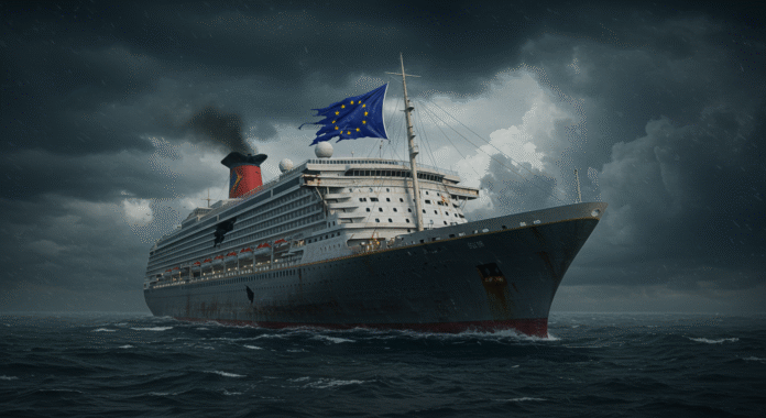 Nave con bandiera dell'Unione Europea in un mare in tempesta, simbolo della deriva politica ed economica dell'UE.