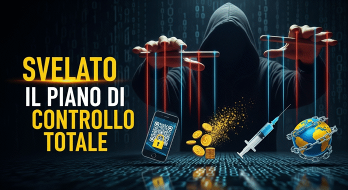 Un burattinaio a simboleggiare il piano di controllo totale attraverso tecnologia, finanza e sanità.