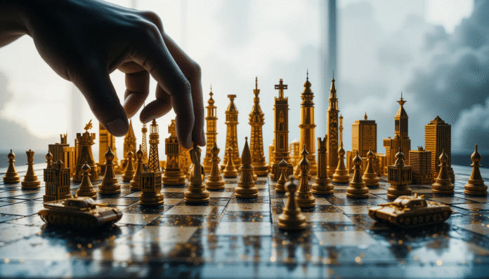 Mano in ombra che muove pezzi dorati a forma di grattacieli e torri petrolifere su una scacchiera geopolitica, a simboleggiare l'influenza finanziaria.