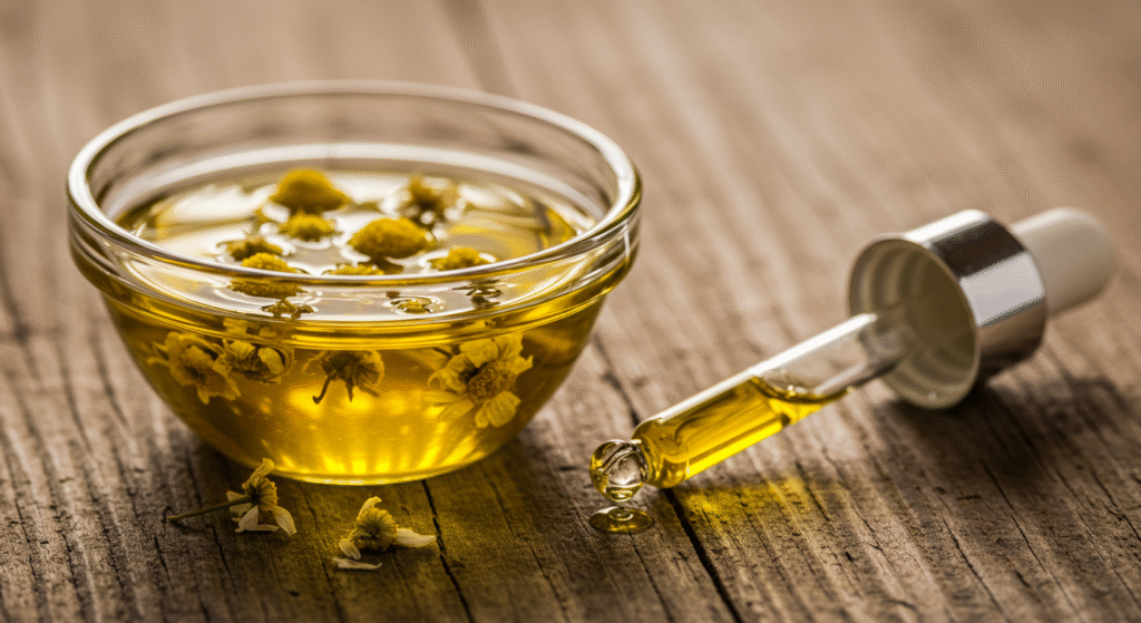 ingredienti per la preparazione di un olio per la pulizia delicata delle orecchie.