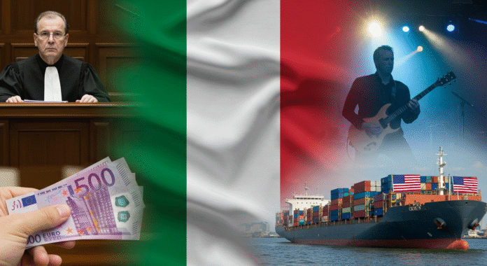 Collage della rassegna stampa del 19 luglio 2025, con immagini rappresentanti la giustizia, i dazi UE-USA, il bonus economico e un concerto rock.