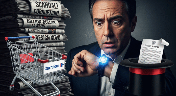 Collage satirico con politico, braccialetto elettronico, giornali e carrello della spesa vuoto, a simboleggiare le notizie del giorno.