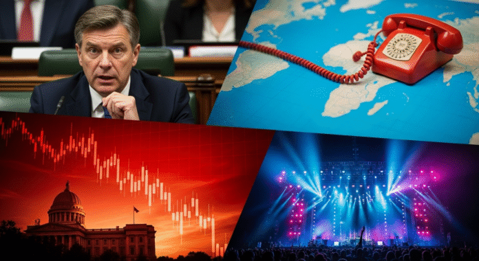 Collage di notizie del giorno: un politico in parlamento, un telefono che simboleggia la diplomazia, un grafico economico in calo e un concerto.