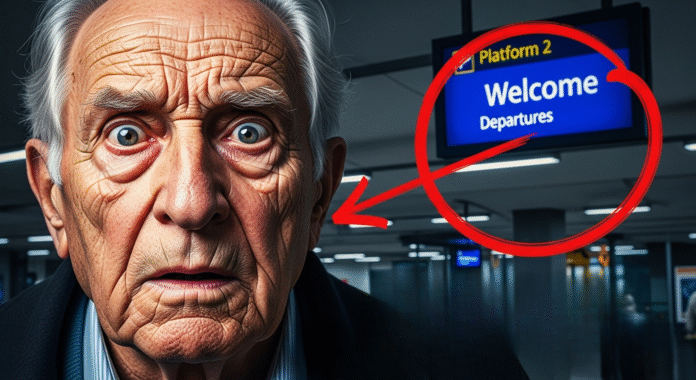 Anziano signore friulano confuso di fronte a un cartello in inglese nella stazione di Udine. Thumbnail satirica per l'episodio 