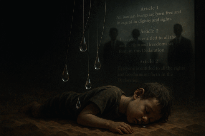 Immagine simbolica della strumentalizzazione del dolore: fili di marionetta legano lacrime di cristallo che cadono su un bambino, mentre figure istituzionali osservano.