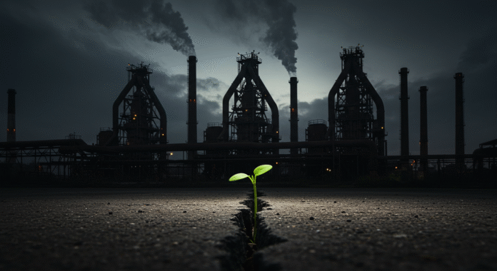 Acciaieria inquinante con piccola pianta verde che simboleggia i sussidi industriali mascherati da transizione ecologica.